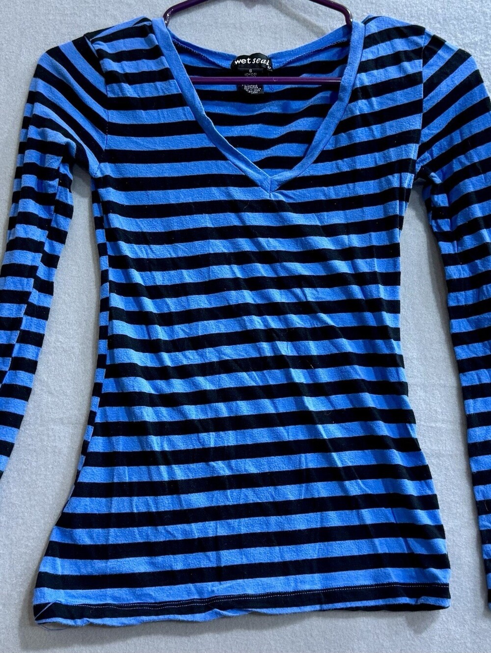 Wet Seal Womens S Blue Black Striped V Neck Long Sleeve Stretch Top Y2K